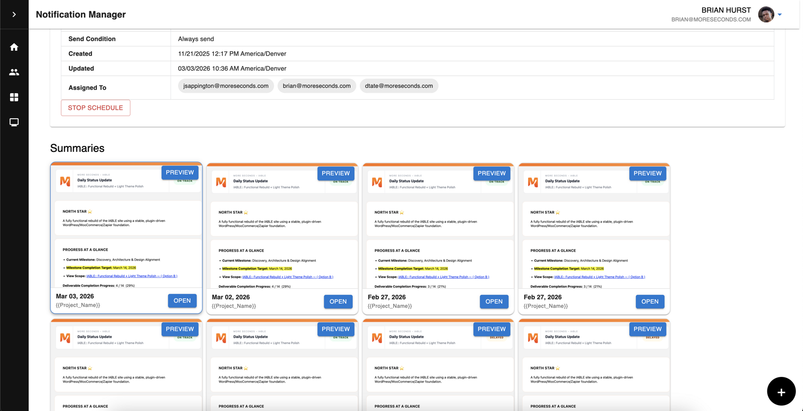 Automated reporting and notification system that compresses coordination overhead and keeps client teams aligned without daily project management